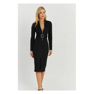 Cool & Sexy Women's Black Belted Skuba Midi Dress