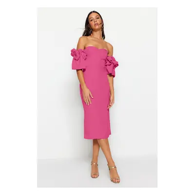 Trendyol Fuchsia Rose Accessory Detailed Woven Elegant Evening Dress