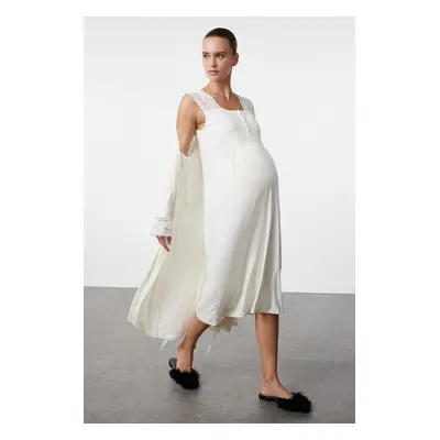 Trendyol Ecru Lace Detailed Belted Knitted Maternity & Postpartum Dressing Gown-Nightgown Set of