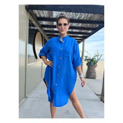 Edoti Linen, shirt dress with stand-up collar