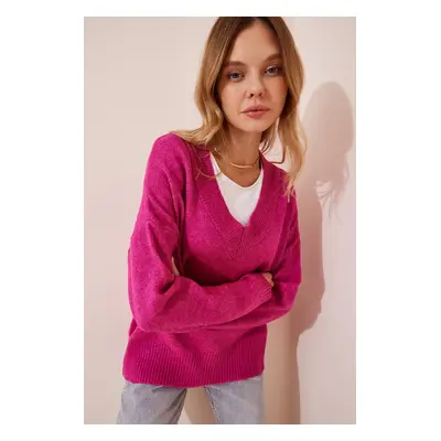 Happiness İstanbul Women's Pink V-Neck Oversize Knitwear Sweater