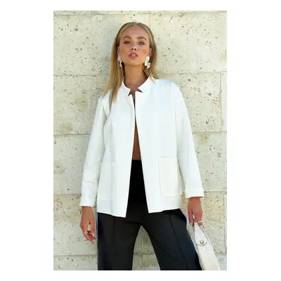 Trend Alaçatı Stili Women's Off White Stand Collar Double Pocket Diving Jacket