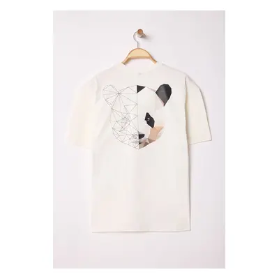 Trendyol Ecru Oversize/Wide Cut Animal Printed Back 100% Cotton T-Shirt