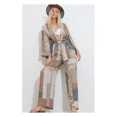 Trend Alaçatı Stili Women's Beige Black Kimono Jacket And Palazzo Pants Set