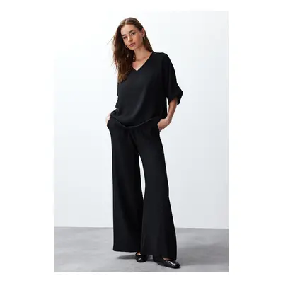 Trendyol Black V-Neck Woven Blouse-Pants Set