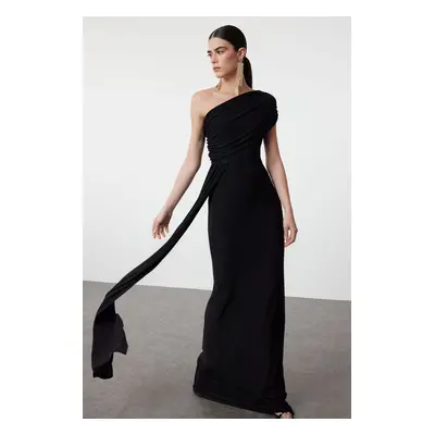 Trendyol Black Fitted Asymmetrical Neckline Waist Detailed Woven Long Elegant Evening Dress