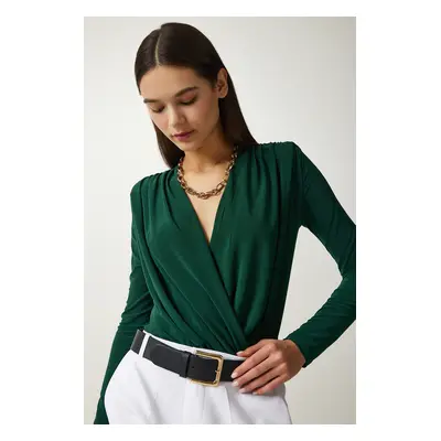 Happiness İstanbul Women's Emerald Green Wrapover Neck Snap-On Knitted Blouse