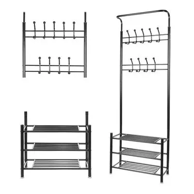 Věšák na oděvy s kovovým rámem, věšák se 3 policemi na boty, 18 ramínek, 192 × 29 × 65 cm, černý