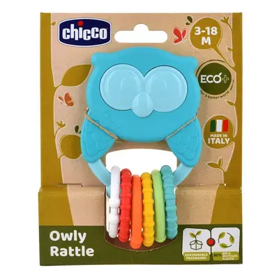 CHICCO Kousátko s chrastítkem se senzorickými kroužky Eco+ Sova Owly 3m+