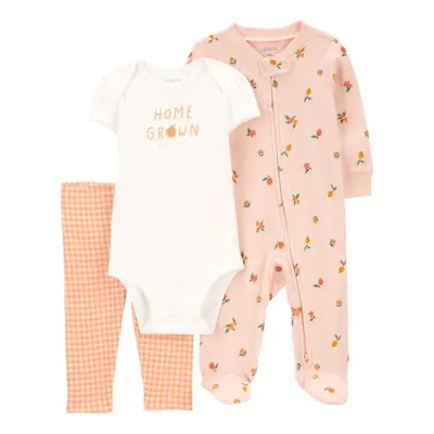 CARTER'S Set 3dílný overal, body kr. rukáv, legíny Pink Fruit/Floral holka NB