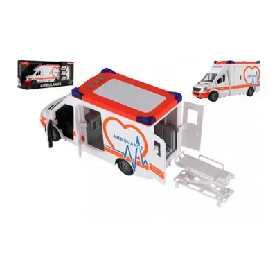 Teddies Auto ambulance plast 28cm s lehátkem na setrvačník se světlem se zvukem v krabici 39x18x