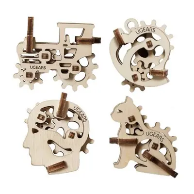 Ugears 3D dřevěné mechanické puzzle 4 mechanické přívěšky Charakterové symboly