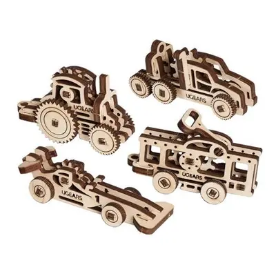 Ugears 3D dřevěné mechanické puzzle 4 mechanické přívěšky Vozidla