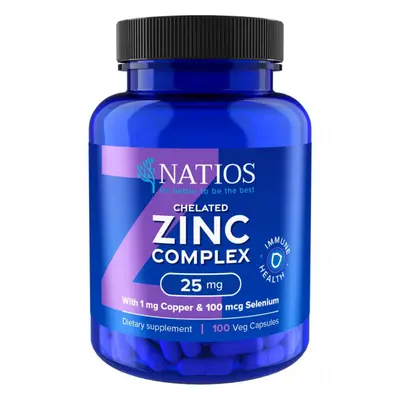 Natios Zinc Chelated Complex, Zinek, selen a měď, 25 mg, 100 veganských kapslí