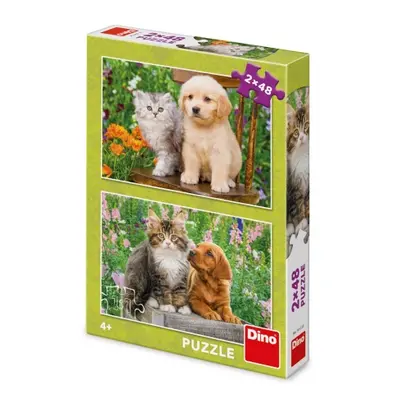 Puzzle Pejsek a kočička na zahradě 2x48 dílků DINO