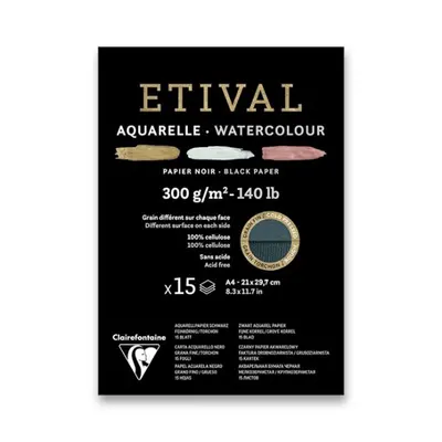 Akvarelový blok Clairefontaine Etival Black Cold Pressed/Rough A4, 15 listů, 300 g Clairefontain