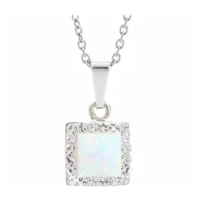 Stříbrný náhrdelník s bílým opálem a krystaly Swarovski Elements čtverec White Opal