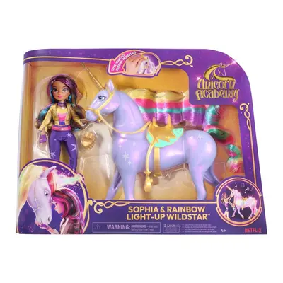 Unicorn Academy světelný jednorožec Wildstar 28 cm s panenkou Sophia 24 cm