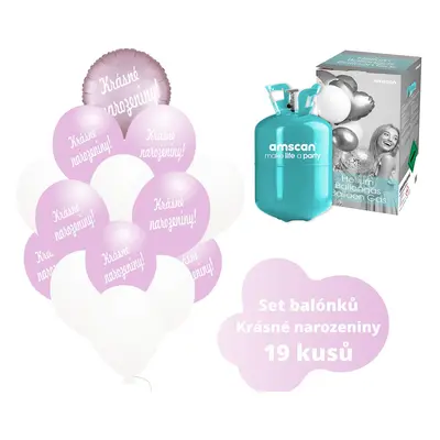 Helium set - světlerůžové balónky KRÁSNÉ NAROZENINY - Balonky.cz