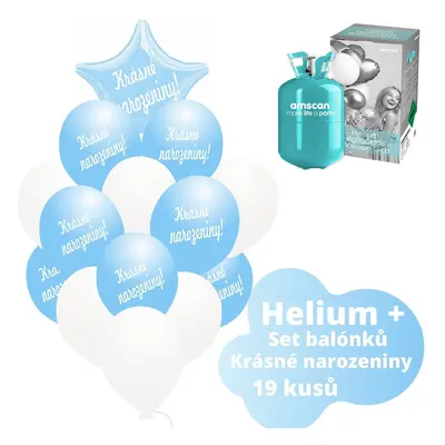 Helium set - světlemodré balónky KRÁSNÉ NAROZENINY - Balonky.cz