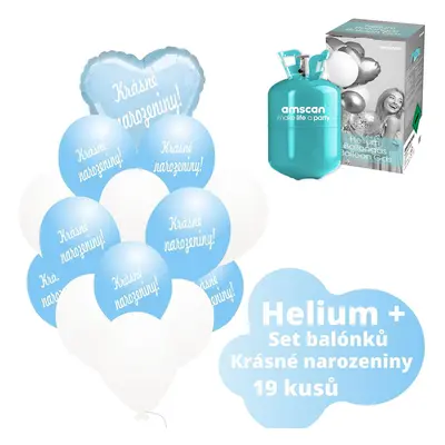 Helium set - světlemodré balónky KRÁSNÉ NAROZENINY - Balonky.cz