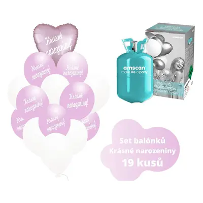 Helium set - světlerůžové balónky KRÁSNÉ NAROZENINY - Balonky.cz