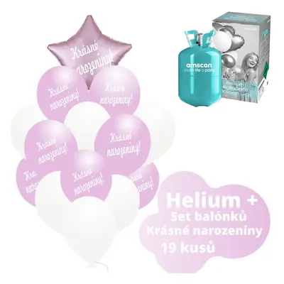 Helium set - světlerůžové balónky KRÁSNÉ NAROZENINY - Balonky.cz