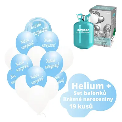 Helium set - světlemodré balónky KRÁSNÉ NAROZENINY - Balonky.cz