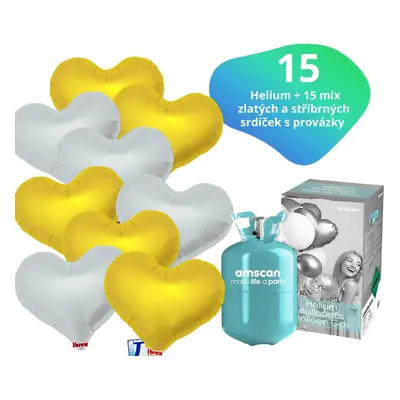 Helium set - helium a balónky IBREX mix stříbrné a zlaté srdce 15 ks - Balonky.cz