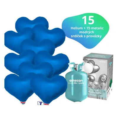 Helium set - helium a balónky IBREX srdce tmavě modré 15 ks - Balonky.cz