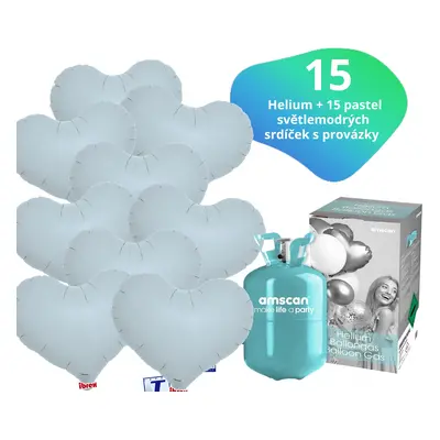 Helium set - helium a balónky IBREX srdce světlemodré 15 ks - Balonky.cz