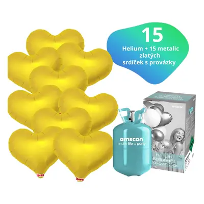 Helium set - helium a balónky IBREX srdce zlaté 15 ks - Balonky.cz