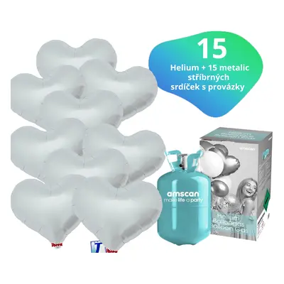 Helium set - helium a balónky IBREX srdce stříbrné 15 ks - Balonky.cz