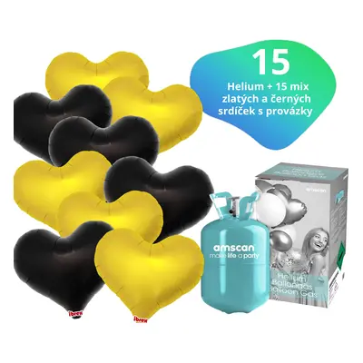 Helium set - helium a balónky IBREX srdce černé a zlaté 15 ks - Balonky.cz