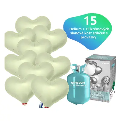 Helium set - helium a balónky IBREX srdce krémové 15 ks - Balonky.cz