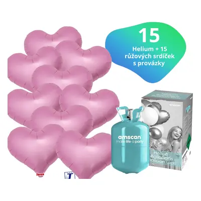 Helium set - helium a balónky IBREX srdce růžové 15 ks - Balonky.cz