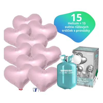 Helium set - helium a balónky IBREX srdce světlerůžové 15 ks - Balonky.cz