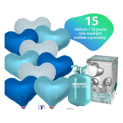 Helium set - helium a balónky IBREX srdce modré mix 15 ks - Balonky.cz