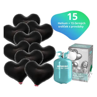 Helium set - helium a balónky IBREX srdce černé 15 ks - Balonky.cz