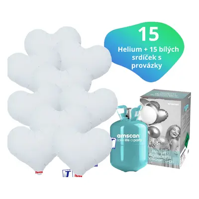 Helium set - helium a balónky IBREX srdce bílé 15 ks - Balonky.cz