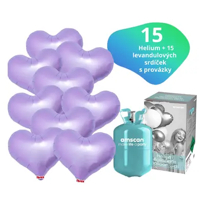 Helium set - helium a balónky IBREX srdce levandulové 15 ks - Balonky.cz