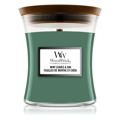 Woodwick Mint Leaves & Oak vonná svíčka s dřevěným knotem 275 g