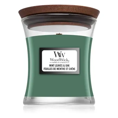 Woodwick Mint Leaves & Oak vonná svíčka s dřevěným knotem 85 g