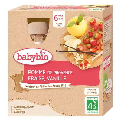 Babybio BIO jablko, jahoda, vanilka ovocný příkrm 4x90 g