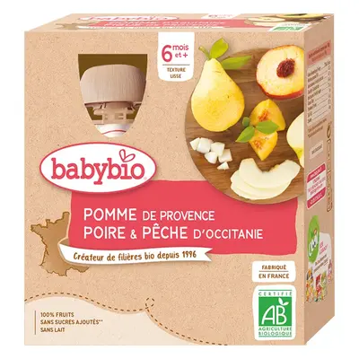 Babybio BIO jablko, hruška, broskev ovocný příkrm 4x90 g