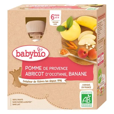 Babybio BIO jablko, meruňka a banán ovocný příkrm 4x90 g