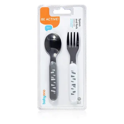 BabyOno Be Active Stainless Steel Spoon and Fork příbor Grey-White 12 m+ 2 ks