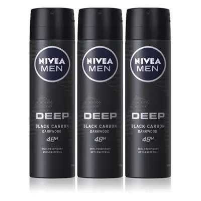 NIVEA MEN Deep Black Carbon Darkwood antiperspirant ve spreji výhodné balení pro muže 3 x 150 ml