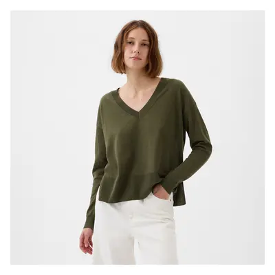 Mikina GAP Longsleeve Linen Split Hem Pullover Sweater Ripe Olive