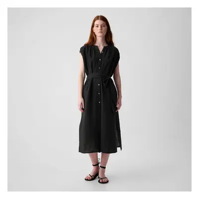 Šaty GAP Shortsleeve Gauze Tie Waist Button Down Midi Dress Black